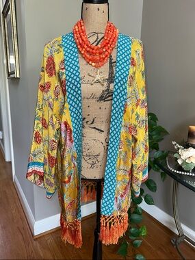 Sundance Will Song Yellow Floral/Bird Blue Turquoise Trim and Orange Fringe